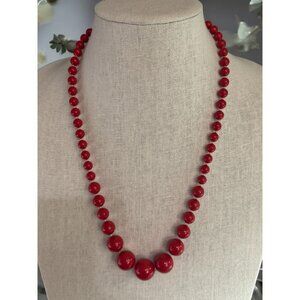 Vintage 22" Red Beaded Necklace – Graduated Glossy Beads, Classic Bold Statement